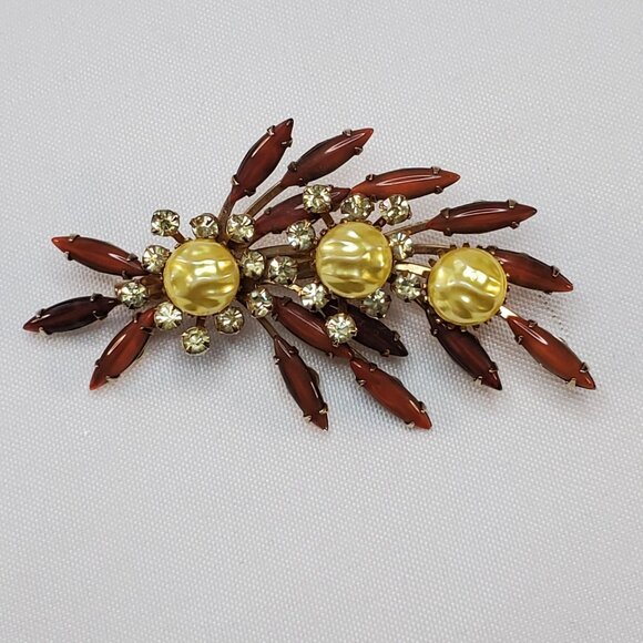 Vintage CATHE Brooch Riveted Dark Coral rhinestones Faux Pearls Leaf & Flowers - Picture 10 of 12